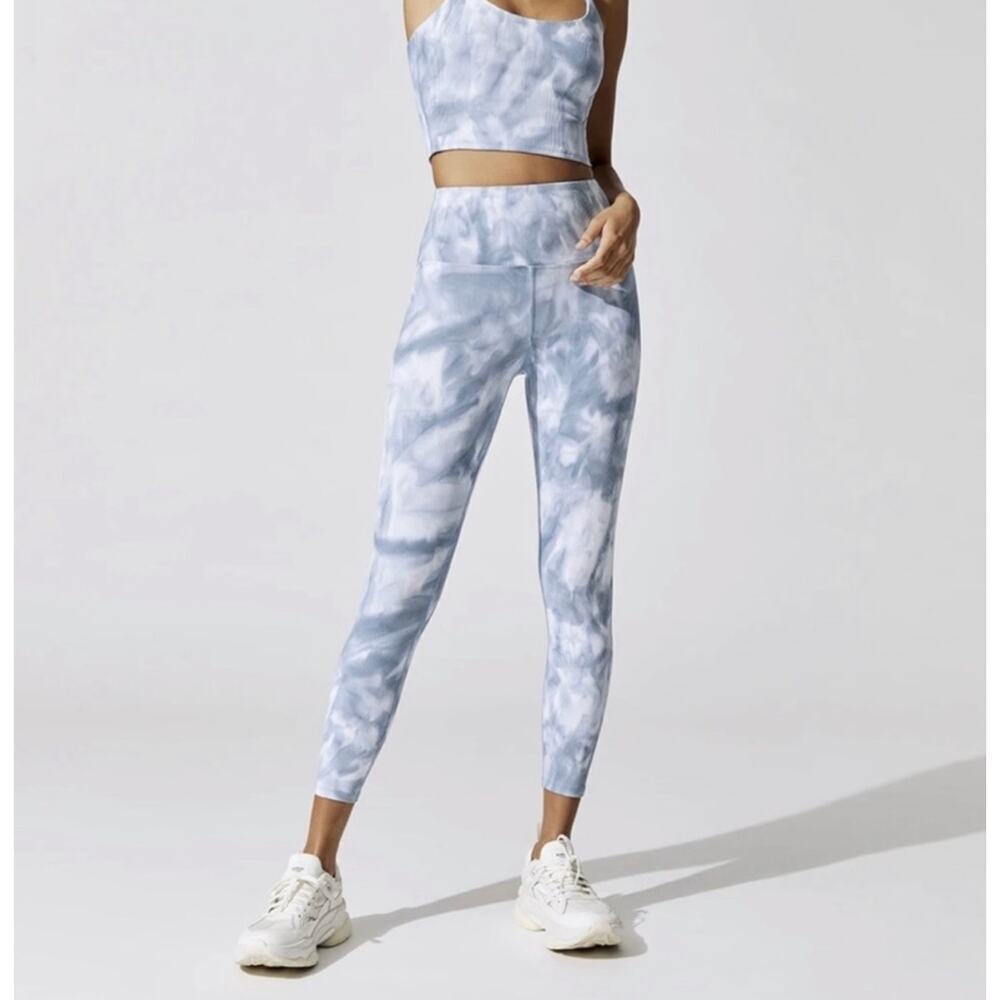 Carbon38 Tie Dye Ribbed 7/8 Leggings In Blue & White Size Medium
